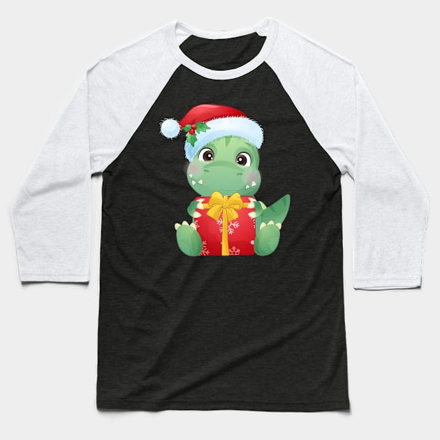 Cute Christmas Dinosaur With Santa Hat Holding A Gift Box Baseball T-Shirt by P-ashion Tee